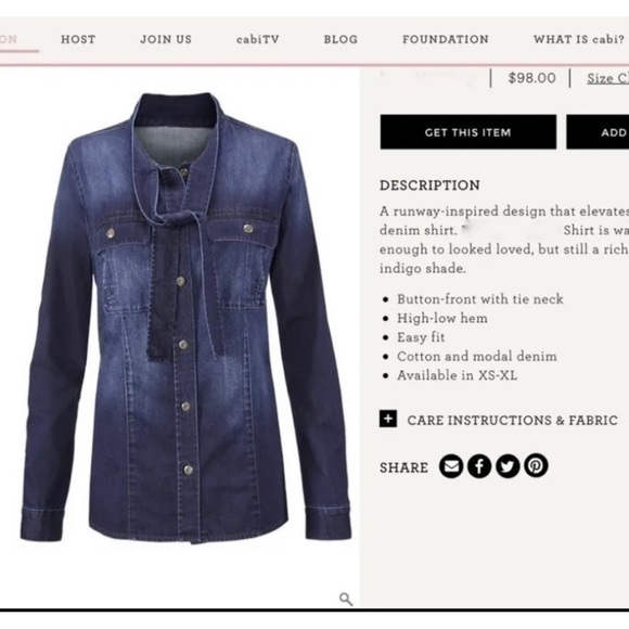 Cabi Womens Sz XS Blue Tie Neck Chambray Denim Button Front Shirt Top Blouse - Picture 14 of 16